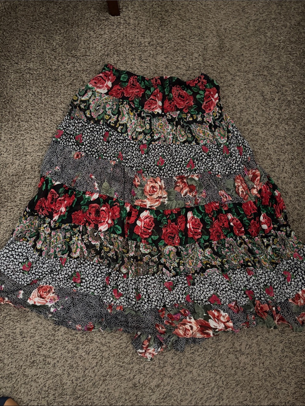 Floral Tiered Maxi Skirt in Black and Red Roses